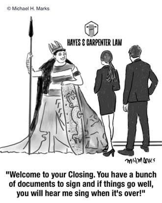 A 'fat-lady' welcomes lawyers to their closing, telling them her singing will end the meeting.